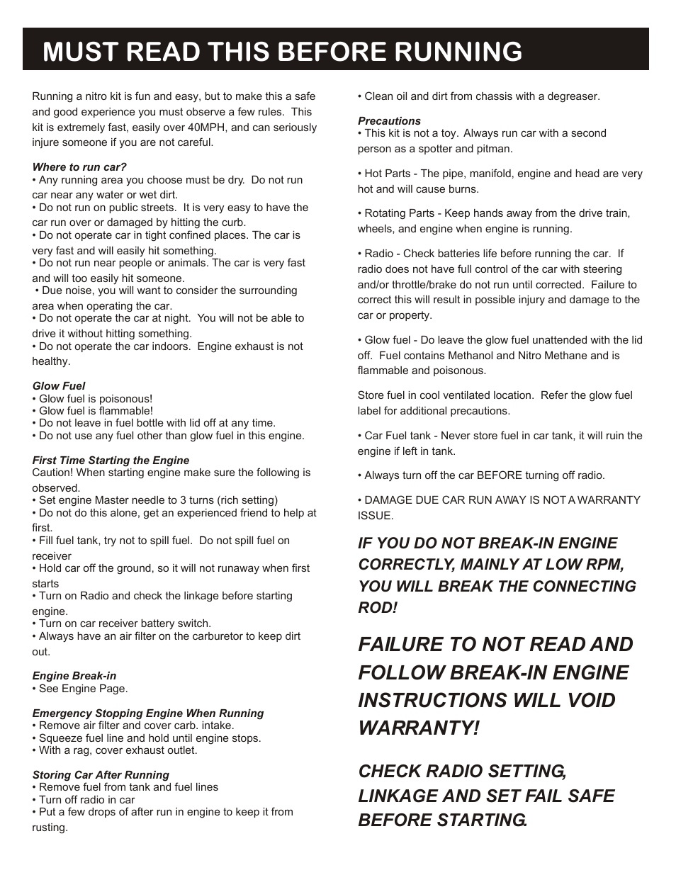 Must read this before running, Failure to not read and, Follow break-in engine | Instructions will void, Warranty, Check radio setting, Linkage and set fail safe, Before starting, If you do not break-in engine, Correctly, mainly at low rpm | OFNA Racing 9.5 MBX RTR User Manual | Page 3 / 37