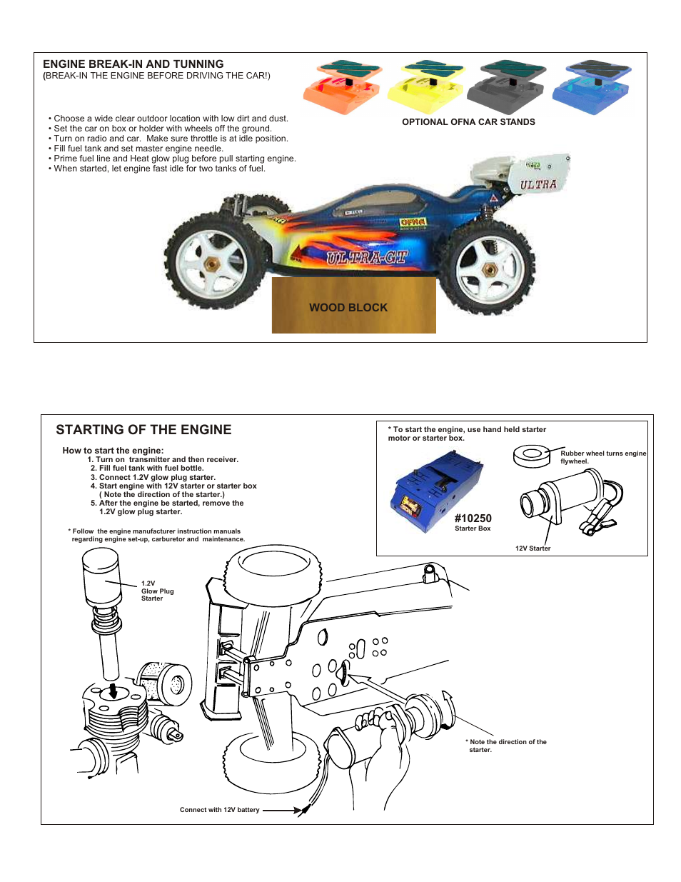 Starting of the engine, Engine break-in and tunning, Wood block | OFNA Racing 9.5 MBX RTR User Manual | Page 35 / 37