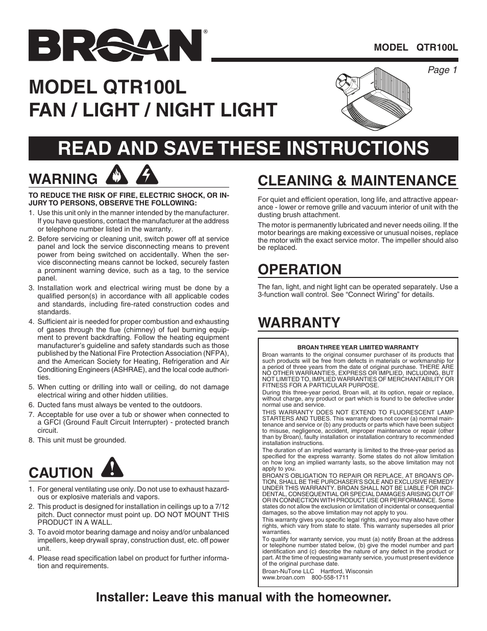 Broan QTR100L User Manual | 8 pages