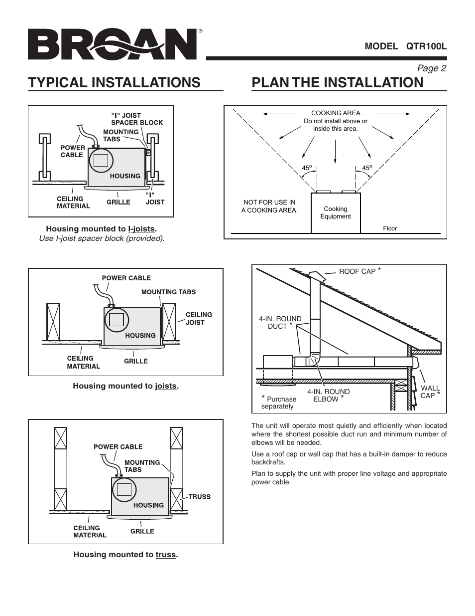 Typical installations, Plan the installation | Broan QTR100L User Manual | Page 2 / 8