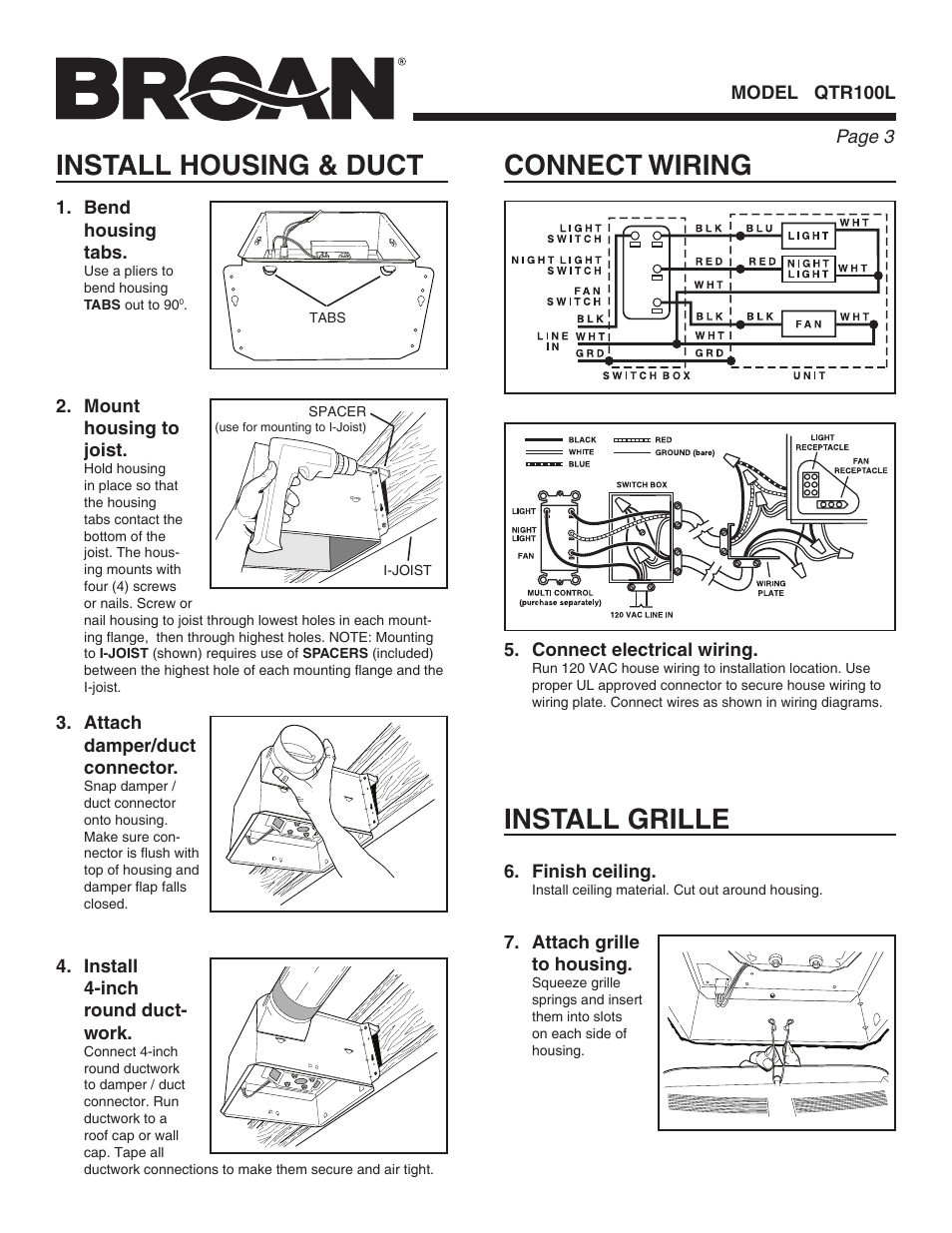 Connect wiring, Install housing & duct, Install grille | Broan QTR100L User Manual | Page 3 / 8