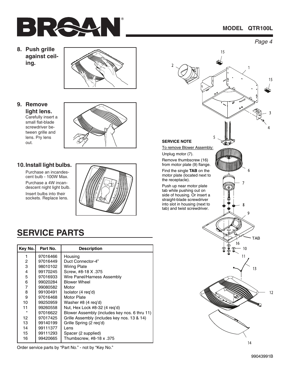 Service parts, Page  model qtr100l, Remove light lens | Broan QTR100L User Manual | Page 4 / 8