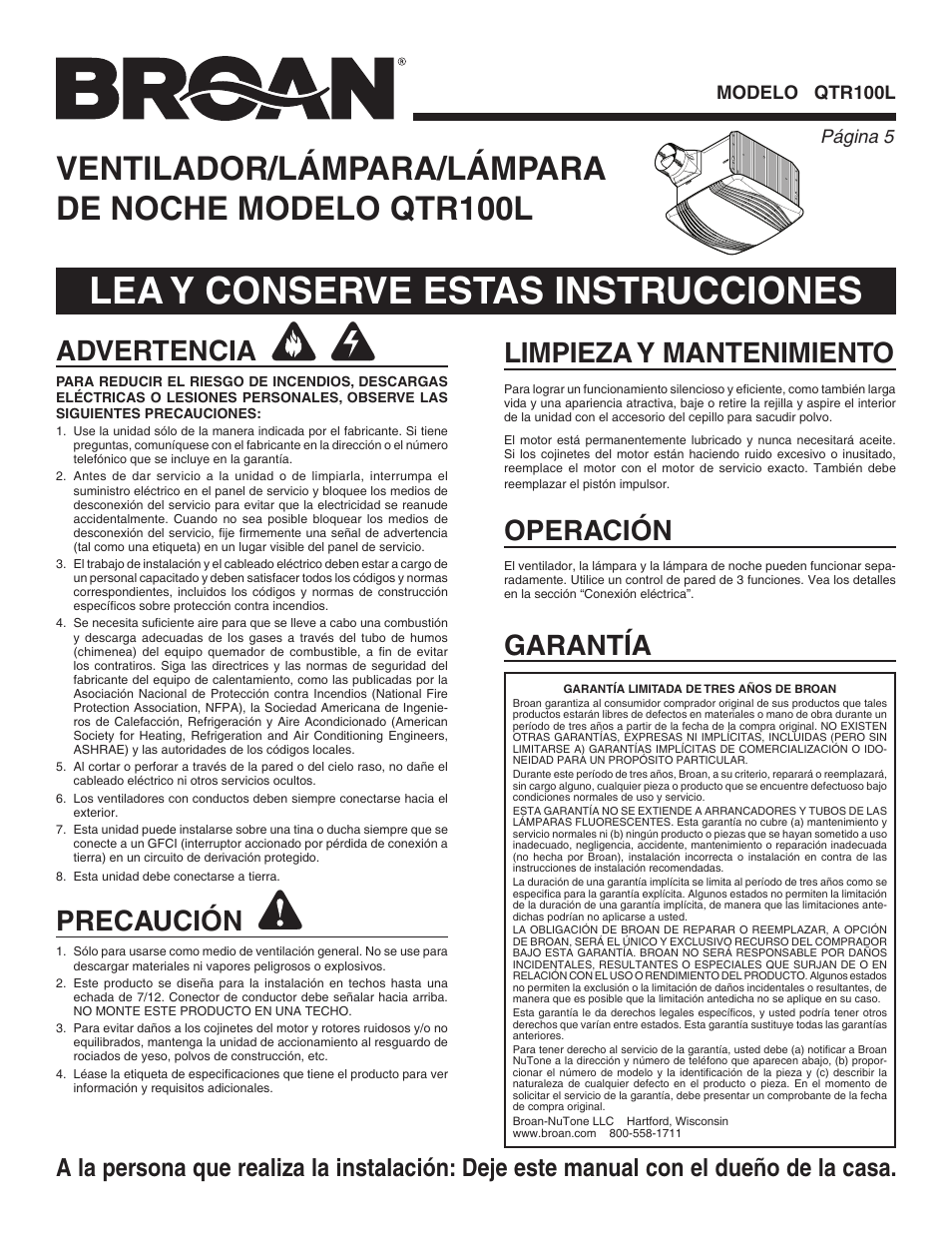 Lea y conserve estas instrucciones, Ventilador/lámpara/lámpara de noche modelo qtr100l, Advertencia | Precaución, Limpieza y mantenimiento garantía, Operación, Página  modelo qtr100l | Broan QTR100L User Manual | Page 5 / 8