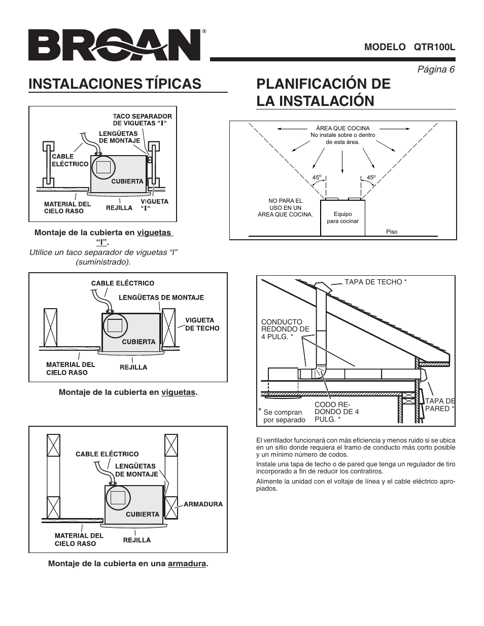 Instalaciones típicas, Planificación de la instalación, Página  modelo qtr100l | Broan QTR100L User Manual | Page 6 / 8