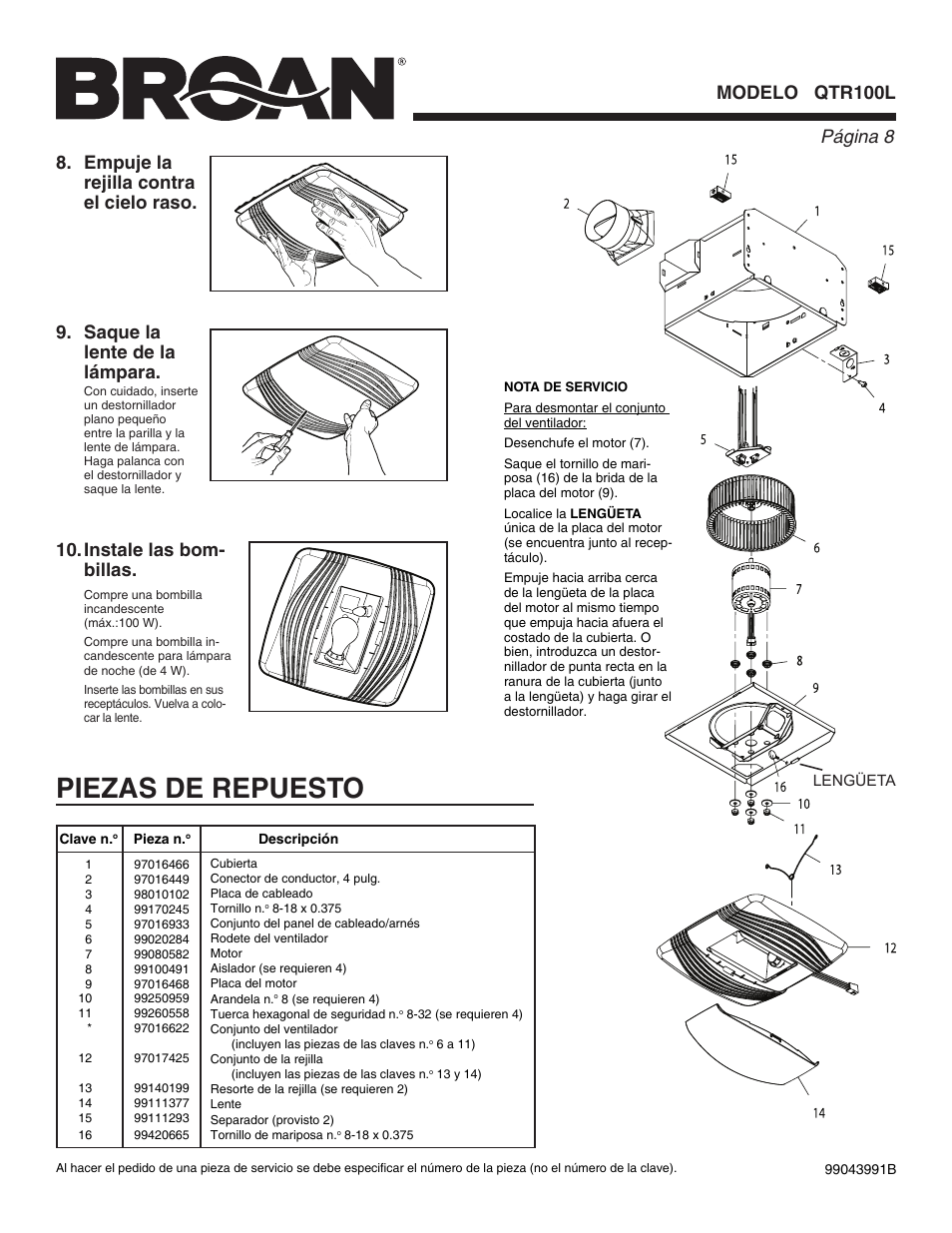 Piezas de repuesto, Página  modelo qtr100l, Saque la lente de la lámpara | Broan QTR100L User Manual | Page 8 / 8