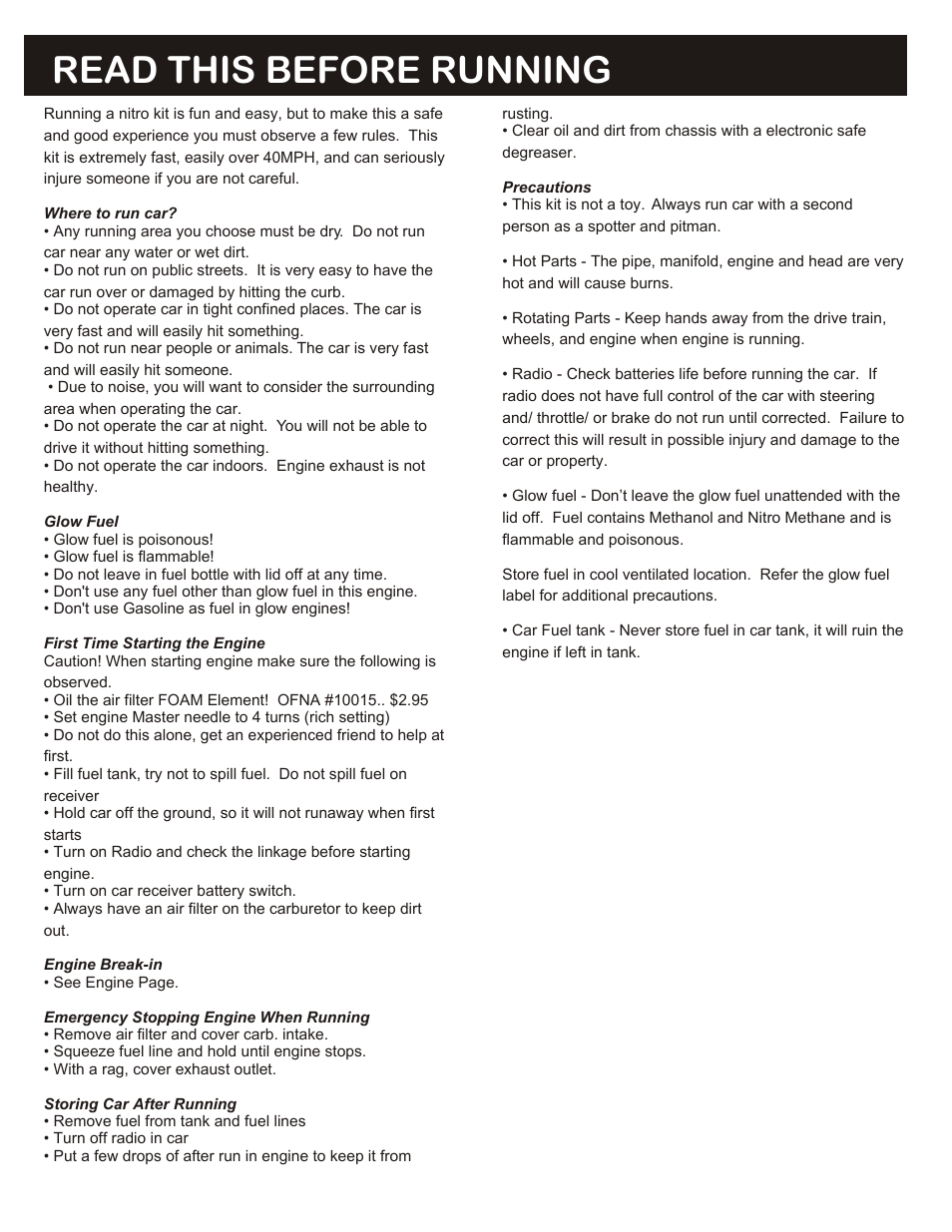Read this before running, Required for operation, Radio control unit | Things need besides the kit, 5 cc (21 class) engine rear exhaust | OFNA Racing 9.5 Pro RTR User Manual | Page 2 / 38