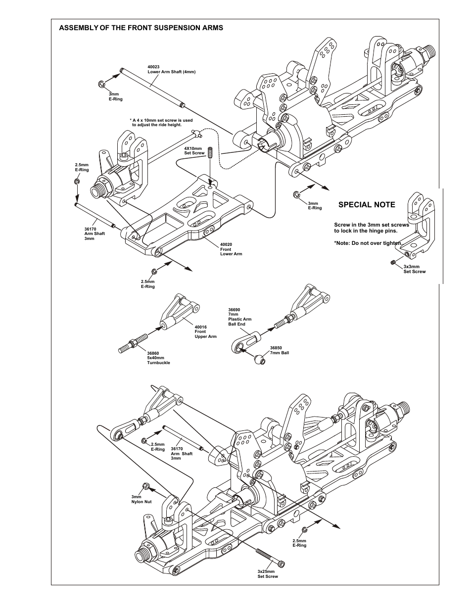 Assembly of the front suspension arms, Apply screw cement into hole, not screw or bushing | OFNA Racing 9.5 Pro RTR User Manual | Page 9 / 38