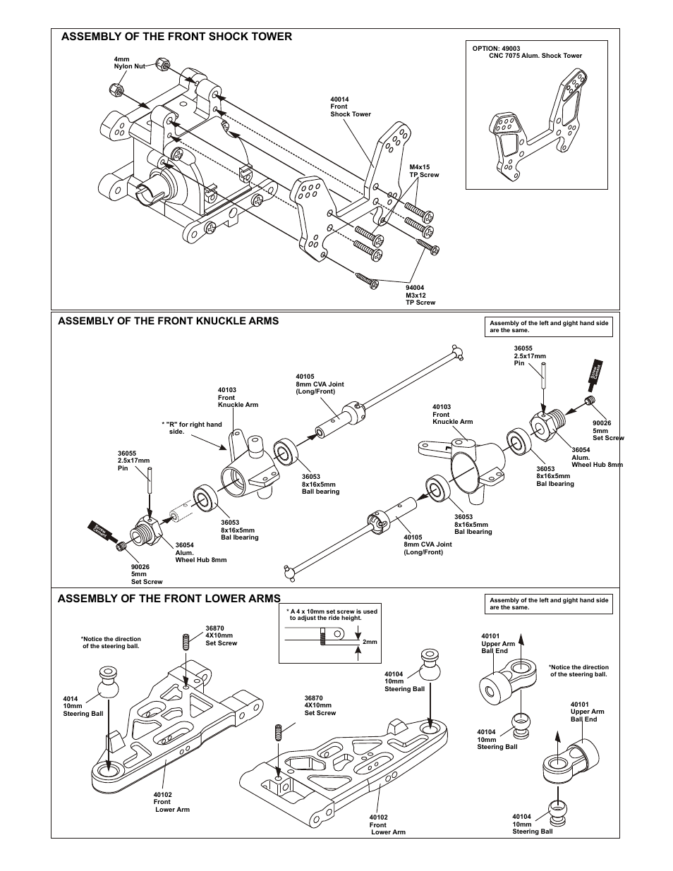 Assembly of the front shock tower, Assembly of the front lower arms, Assembly of the front suspension arms | Assembly of the front upper arms, Assembly of the front knuckle arms | OFNA Racing 9.5 Violator User Manual | Page 10 / 36