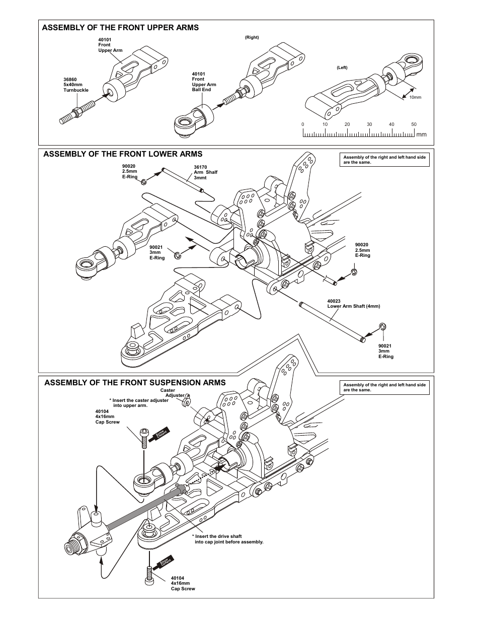 Assembly of the front shock tower, Assembly of the front lower arms, Assembly of the front suspension arms | Assembly of the front upper arms, Assembly of the front knuckle arms | OFNA Racing 9.5 Violator User Manual | Page 11 / 36