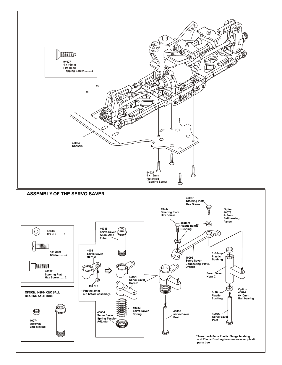 Assembly of the servo saver, Assembly of the servo saver onto the chassis, Assembly of the front steering rod | OFNA Racing 9.5 Violator User Manual | Page 16 / 36