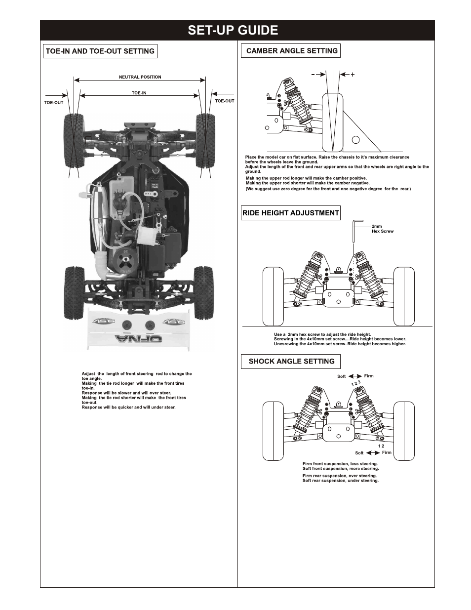 Set-up guide, Mounting the body, For a stick pack battery | Ride height adjustment | OFNA Racing 9.5 Violator User Manual | Page 31 / 36