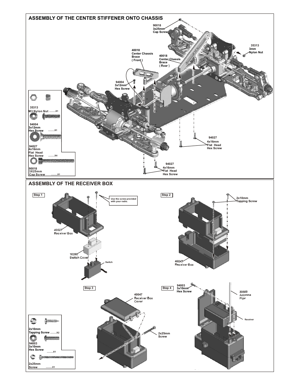 Assembly of the center stiffener onto chassis, Assembly of the receiver box | OFNA Racing Blazer SST User Manual | Page 16 / 38