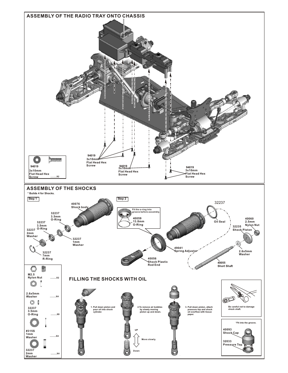 Assembly of the radio tray onto chassis, Assembly of the shocks, Filling the shocks with oil | OFNA Racing Blazer SST User Manual | Page 18 / 38