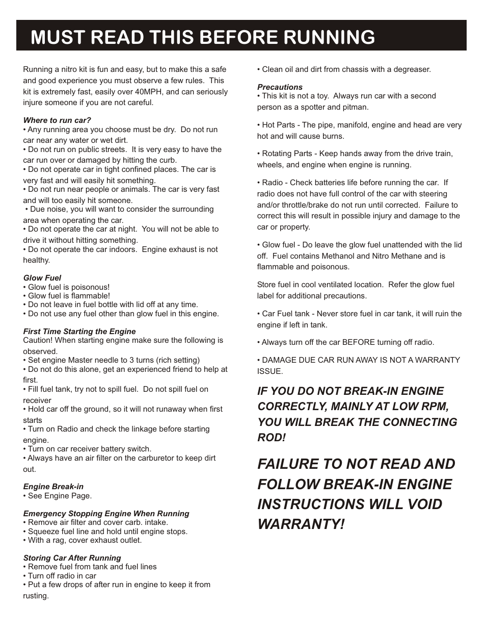 Must read this before running, Failure to not read and, Follow break-in engine | Instructions will void, Warranty, If you do not break-in engine, Correctly, mainly at low rpm, You will break the connecting | OFNA Racing Blazer SST User Manual | Page 3 / 38