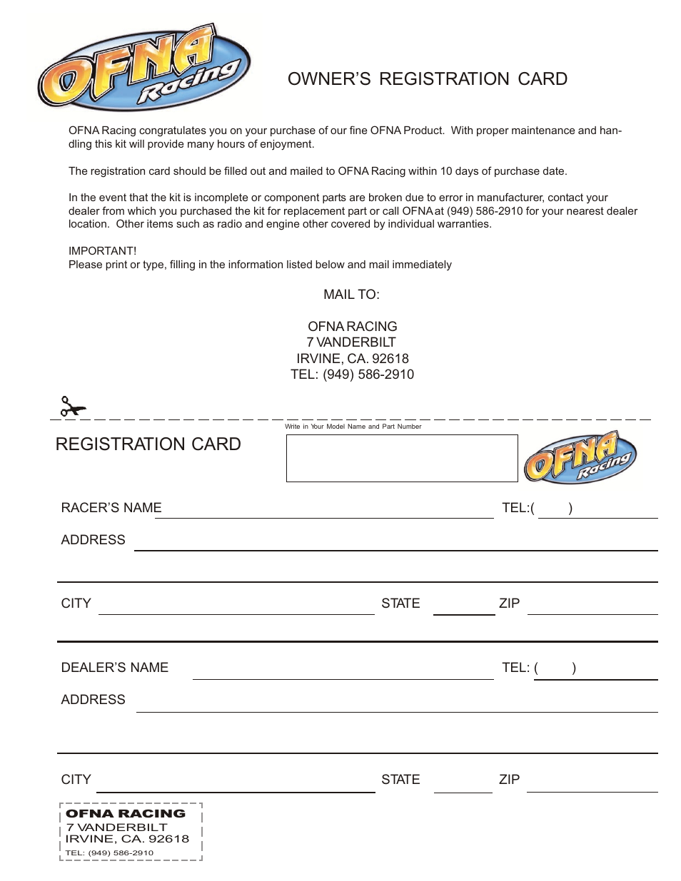 Owner’s registration card registration card | OFNA Racing Blazer SST User Manual | Page 38 / 38