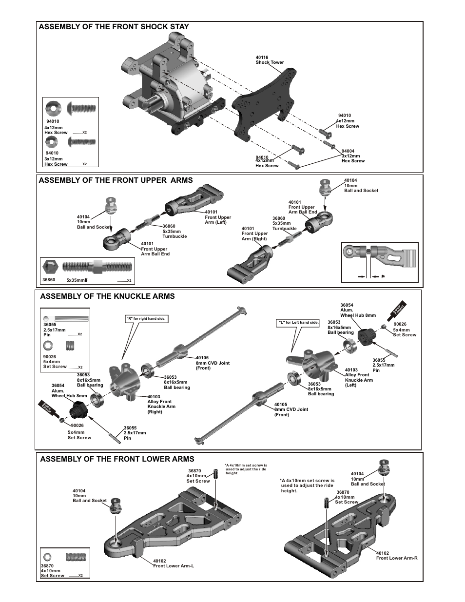 Assembly of the front shock stay, Assembly of the knuckle arms, Assembly of the front upper arms | Assembly of the front lower arms | OFNA Racing Blazer SST User Manual | Page 6 / 38