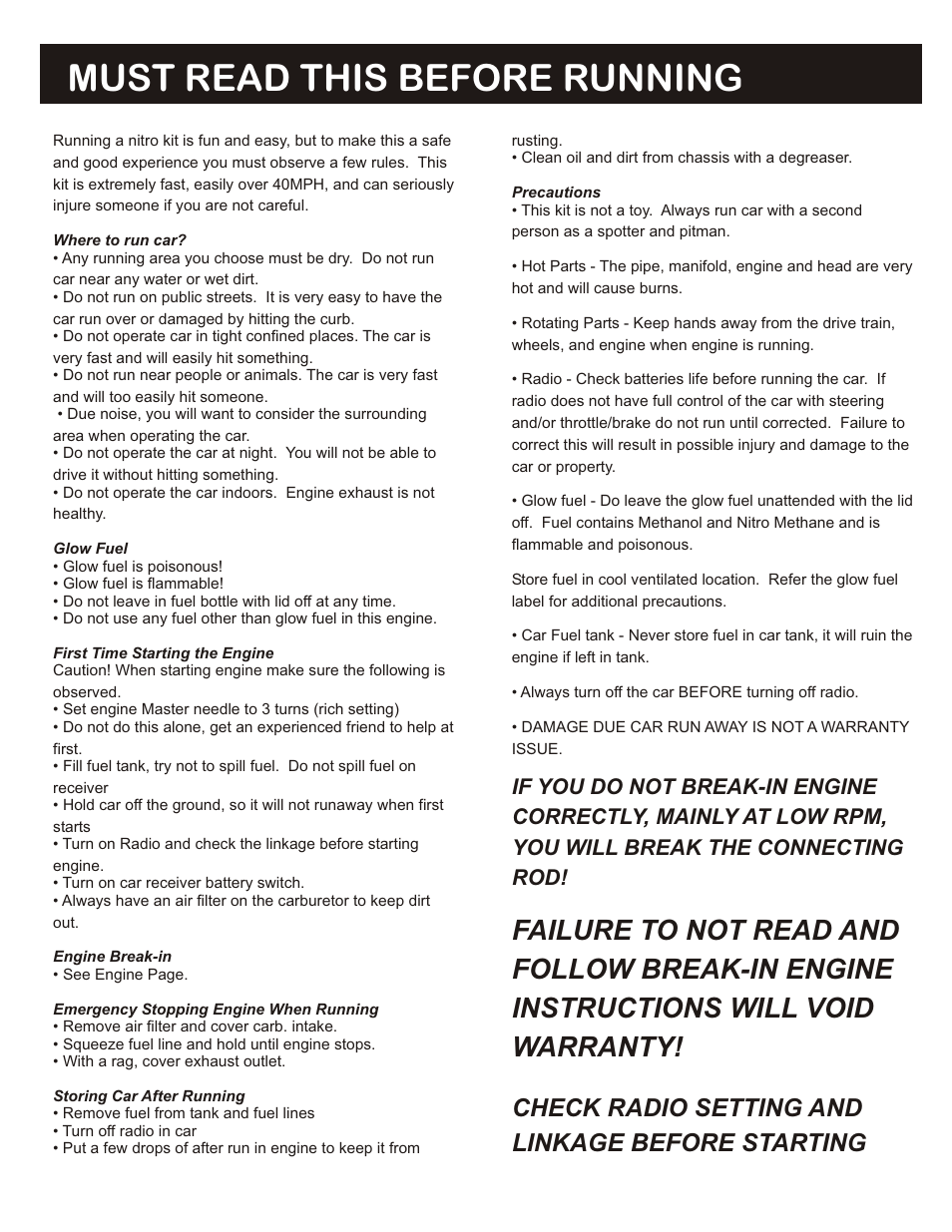 Must read this before running, Failure to not read and, Follow break-in engine | Instructions will void, Warranty, Check radio setting and, Linkage before starting, If you do not break-in engine, Correctly, mainly at low rpm, You will break the connecting | OFNA Racing CD3 RTR User Manual | Page 3 / 38