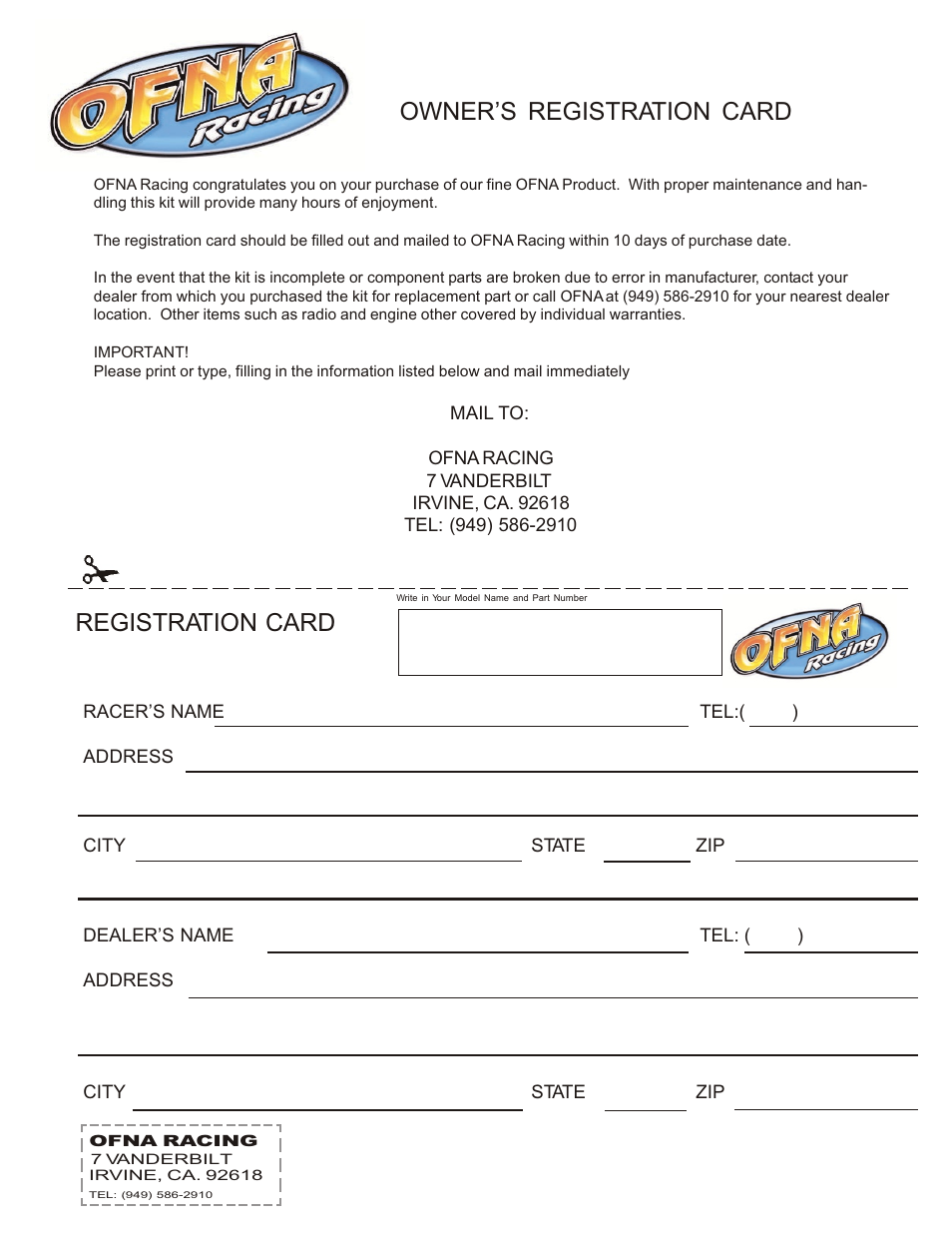 Owner’s registration card registration card | OFNA Racing CD3 RTR User Manual | Page 38 / 38