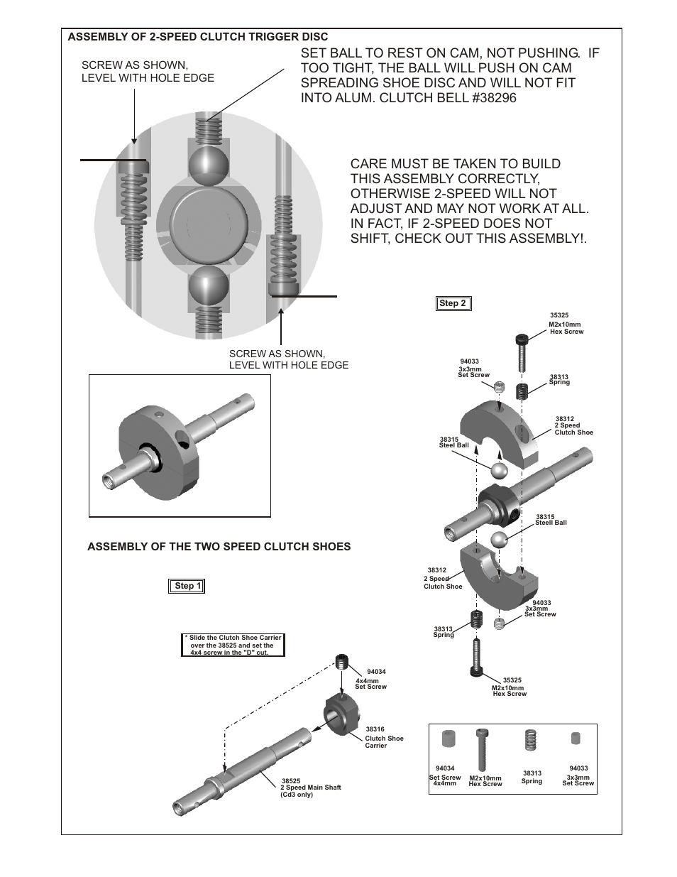 Assembly of the two speed clutch shoes, Screw as shown, level with hole edge | OFNA Racing CD3 RTR User Manual | Page 6 / 38