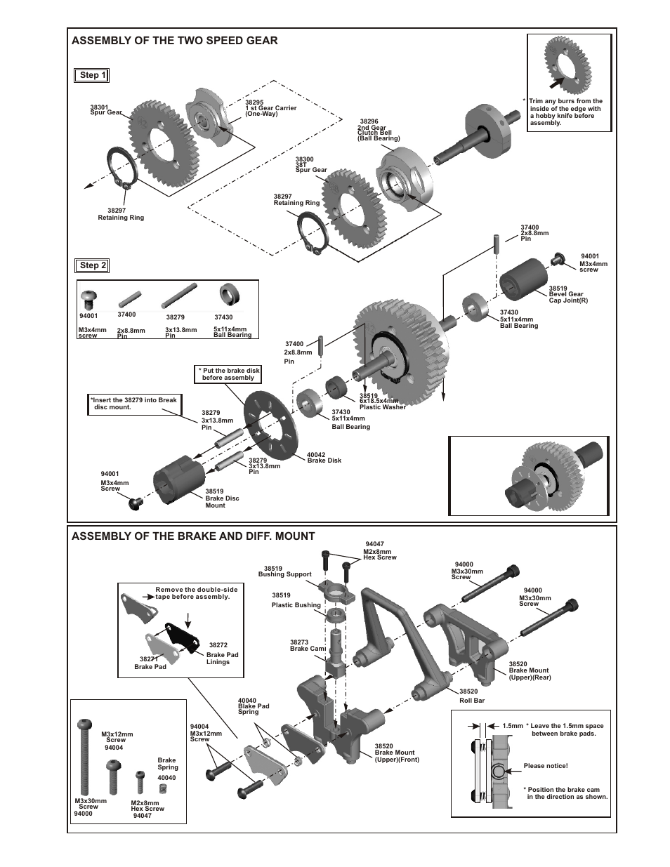 Assembly of the two speed gear, Assembly of the brake and diff. mount | OFNA Racing CD3 RTR User Manual | Page 7 / 38