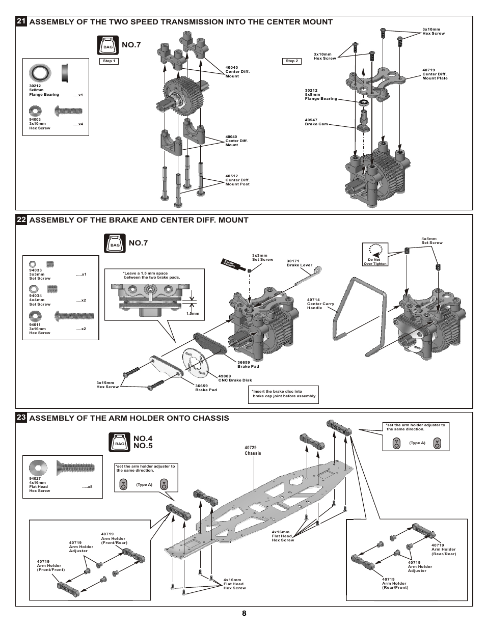 Assembly of the brake and center diff. mount 22, No.7, 23 assembly of the arm holder onto chassis | No.4 no.5 | OFNA Racing DM-1 Pro User Manual | Page 14 / 30