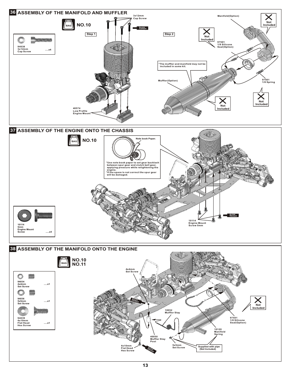 36 assembly of the manifold and muffler, 37 assembly of the engine onto the chassis, 38 assembly of the manifold onto the engine | No.10, No.11 no.10 | OFNA Racing DM-1 Pro User Manual | Page 19 / 30