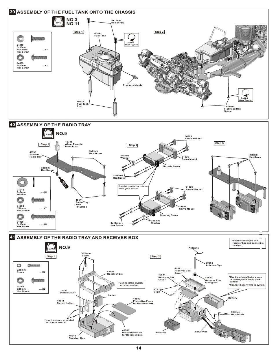 Assembly of the fuel tank onto the chassis 39, Assembly of the radio tray 40, No.9 | No.3 no.11 | OFNA Racing DM-1 Pro User Manual | Page 20 / 30