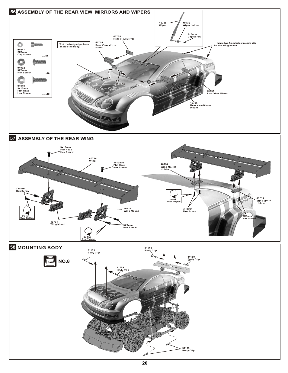 Assembly of the rear view mirrors and wipers, Mounting body, No.8 | Assembly of the rear wing | OFNA Racing DM-1 Pro User Manual | Page 26 / 30