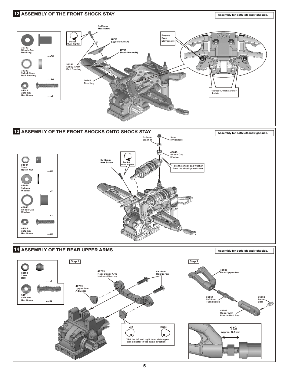 512 assembly of the front shock stay, Assembly of the front shocks onto shock stay 13, Assembly of the rear upper arms 14 11 ¡g | OFNA Racing DM-1 RTR User Manual | Page 10 / 31