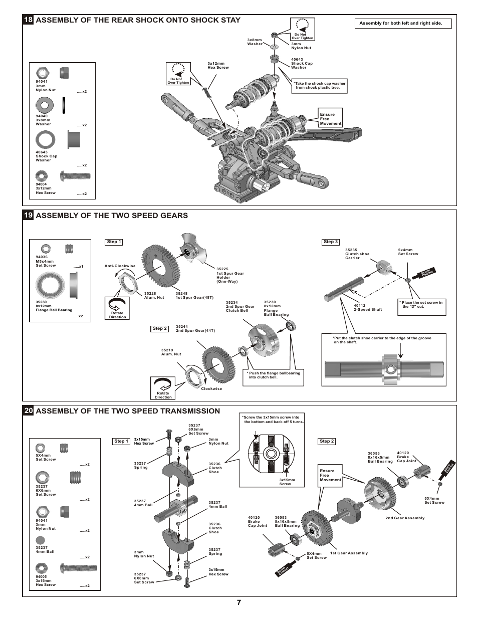 7assembly of the rear shock onto shock stay 18, Assembly of the two speed gears 19, Assembly of the two speed transmission | OFNA Racing DM-1 RTR User Manual | Page 12 / 31