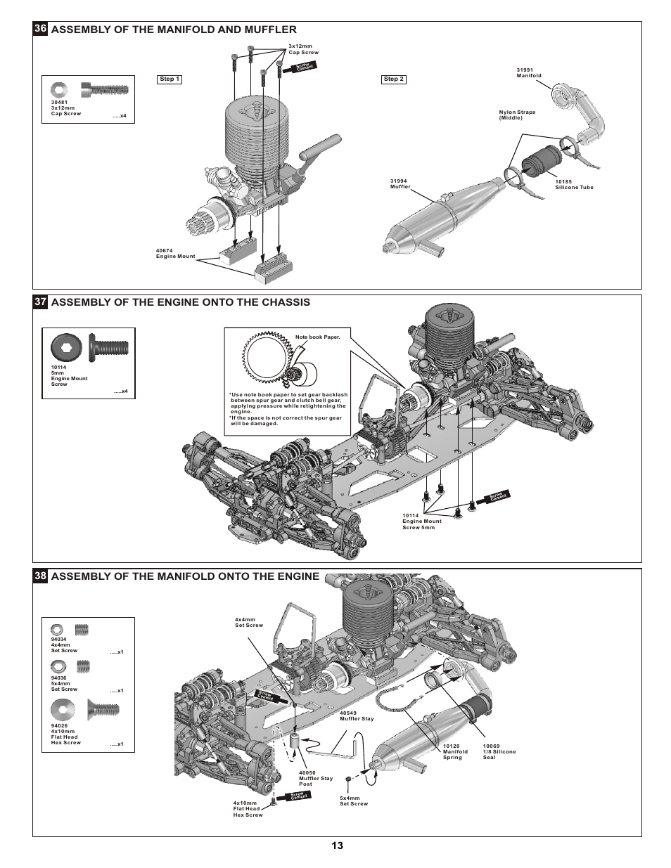 36 assembly of the manifold and muffler, 37 assembly of the engine onto the chassis, 38 assembly of the manifold onto the engine | OFNA Racing DM-1 RTR User Manual | Page 18 / 31