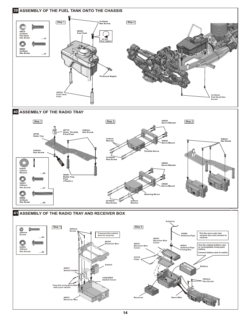 Assembly of the fuel tank onto the chassis 39, Assembly of the radio tray 40 | OFNA Racing DM-1 RTR User Manual | Page 19 / 31