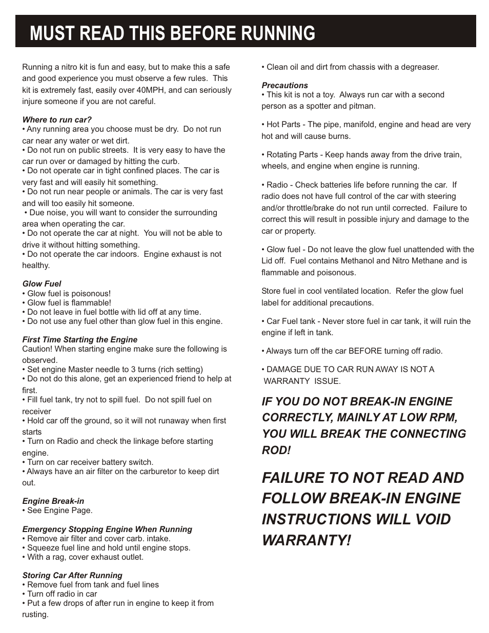 Must read this before running, Failure to not read and, Follow break-in engine | Instructions will void, Warranty, If you do not break-in engine, Correctly, mainly at low rpm, You will break the connecting | OFNA Racing DM-1 RTR User Manual | Page 2 / 31