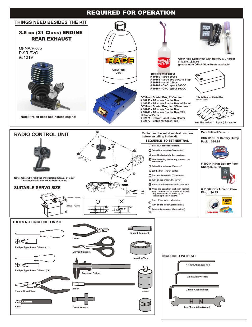Required for operation, Radio control unit, Things need besides the kit | 5 cc (21 class) engine rear exhaust, Suitable servo size, Ofna/picco p-9r evo | OFNA Racing DM-1 RTR User Manual | Page 3 / 31
