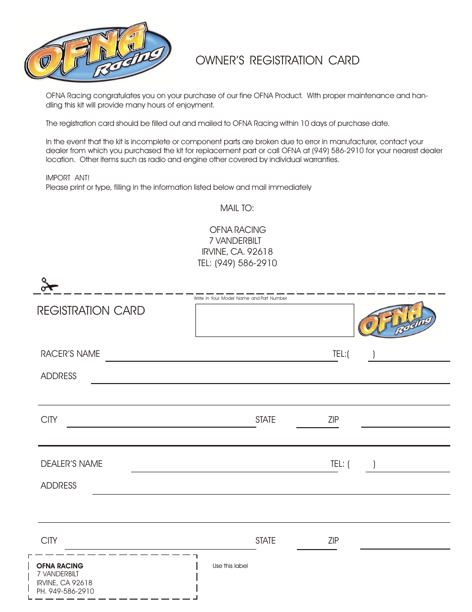 Owner’s registration card registration card | OFNA Racing DM-1 RTR User Manual | Page 31 / 31