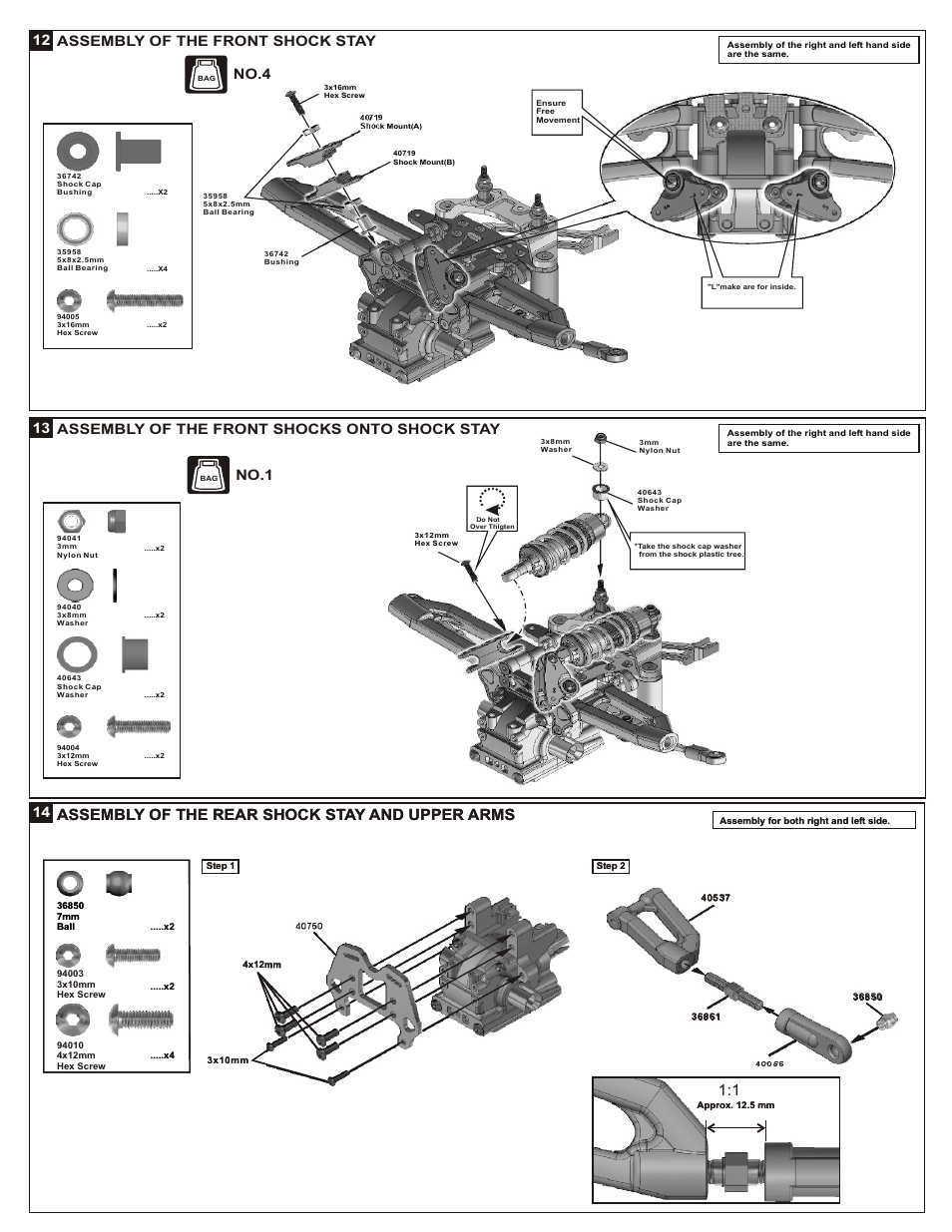 Assembly of the rear shock stay and upper arms 13, 12 assembly of the front shock stay, Assembly of the front shocks onto shock stay 13 | No.4, No.1 | OFNA Racing DM-1 Spec User Manual | Page 11 / 29