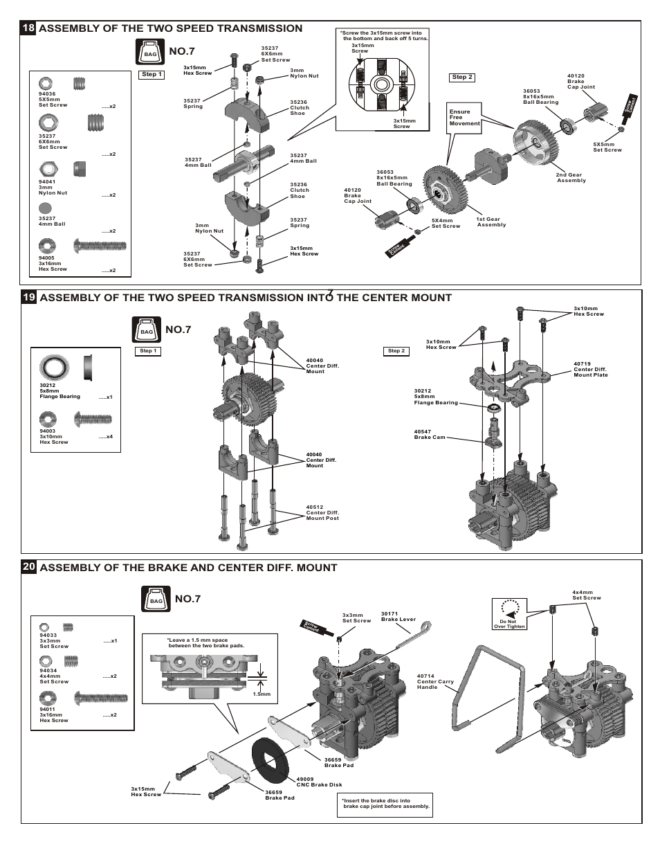 Assembly of the two speed transmission, No.7, Assembly of the brake and center diff. mount 20 | OFNA Racing DM-1 Spec User Manual | Page 13 / 29