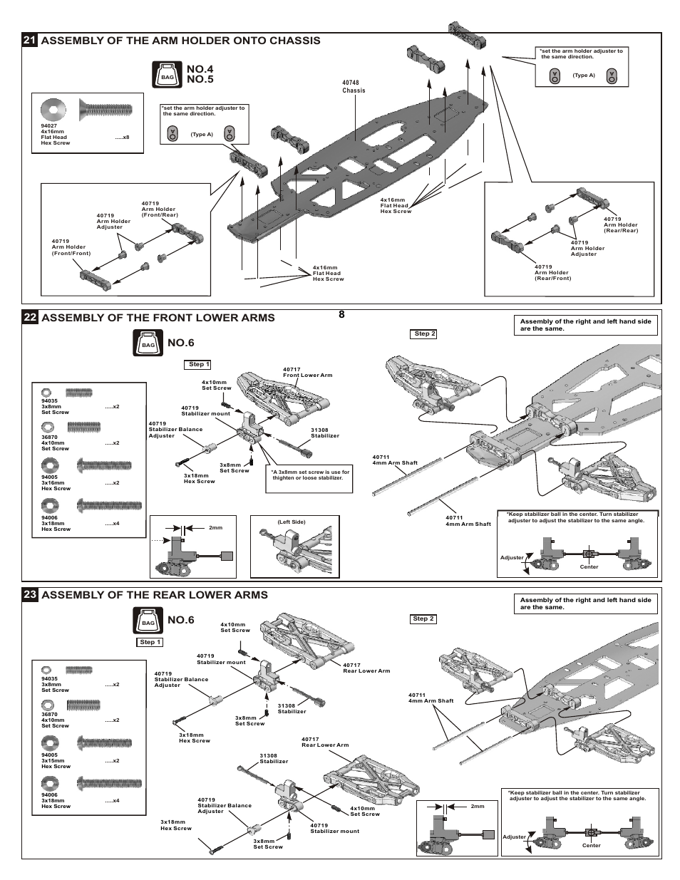 821 assembly of the arm holder onto chassis, No.4 no.5, Assembly of the rear lower arms 23 | No.6, Assembly of the front lower arms 22 | OFNA Racing DM-1 Spec User Manual | Page 14 / 29