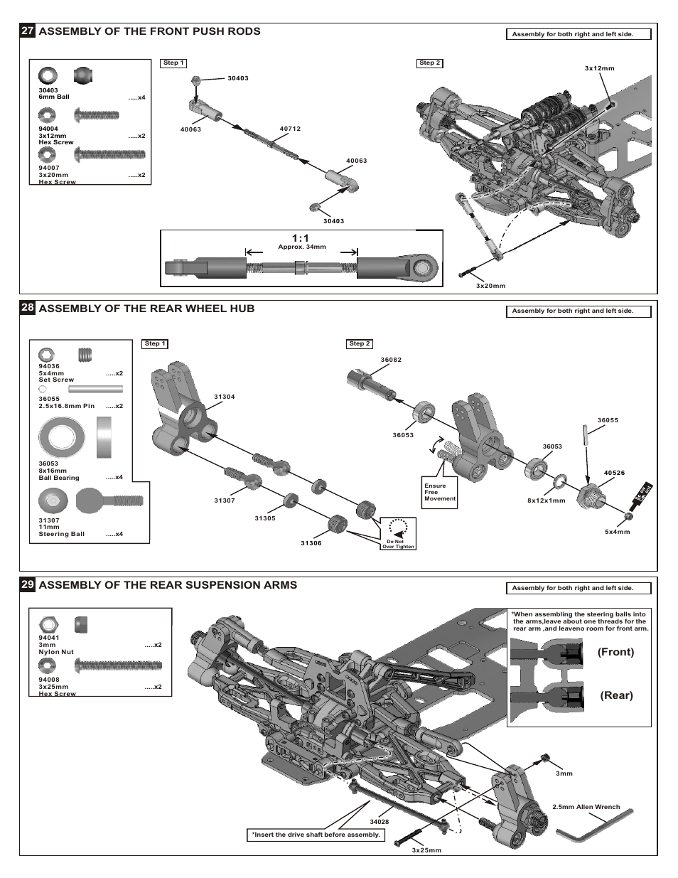 29 assembly of the rear suspension arms, Assembly of the rear wheel hub 28, 27 assembly of the front push rods | Front) (rear) | OFNA Racing DM-1 Spec User Manual | Page 16 / 29