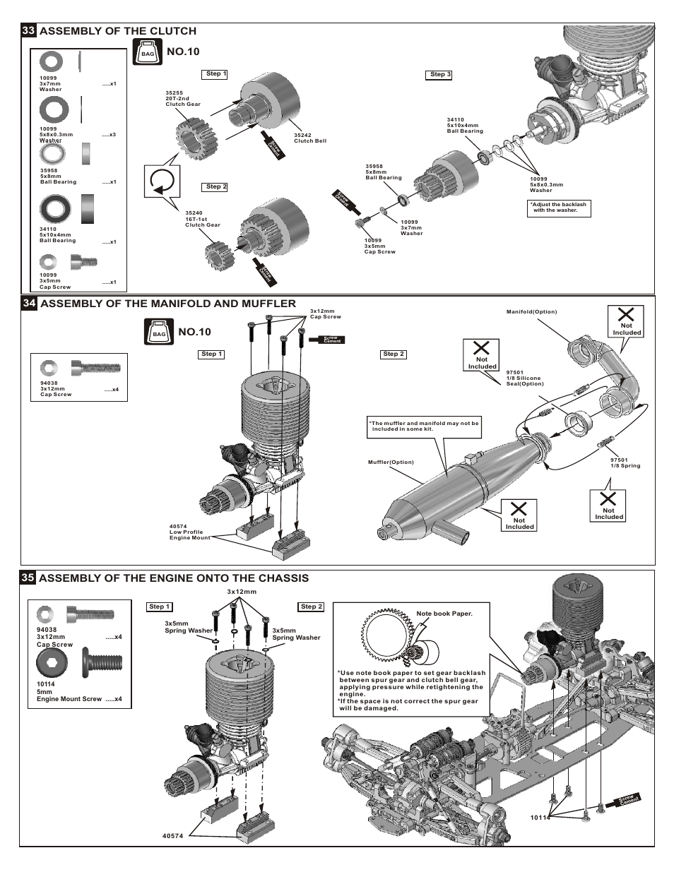 Assembly of the clutch 33, No.10, 34 assembly of the manifold and muffler | 35 assembly of the engine onto the chassis | OFNA Racing DM-1 Spec User Manual | Page 18 / 29