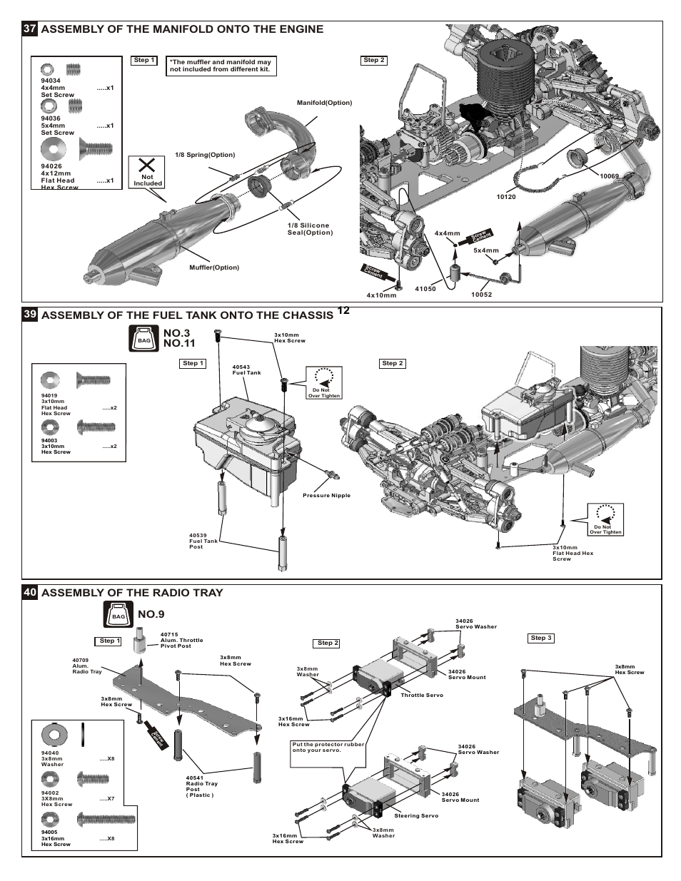 12 37 assembly of the manifold onto the engine, Assembly of the fuel tank onto the chassis 39 40, Assembly of the radio tray 40 | No.9, No.3 no.11 | OFNA Racing DM-1 Spec User Manual | Page 19 / 29