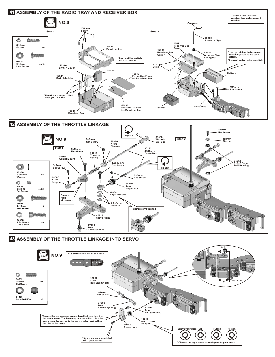 41 assembly of the radio tray and receiver box, No.9, Assembly of the throttle linkage into servo | Assembly of the throttle linkage 42 43 | OFNA Racing DM-1 Spec User Manual | Page 20 / 29