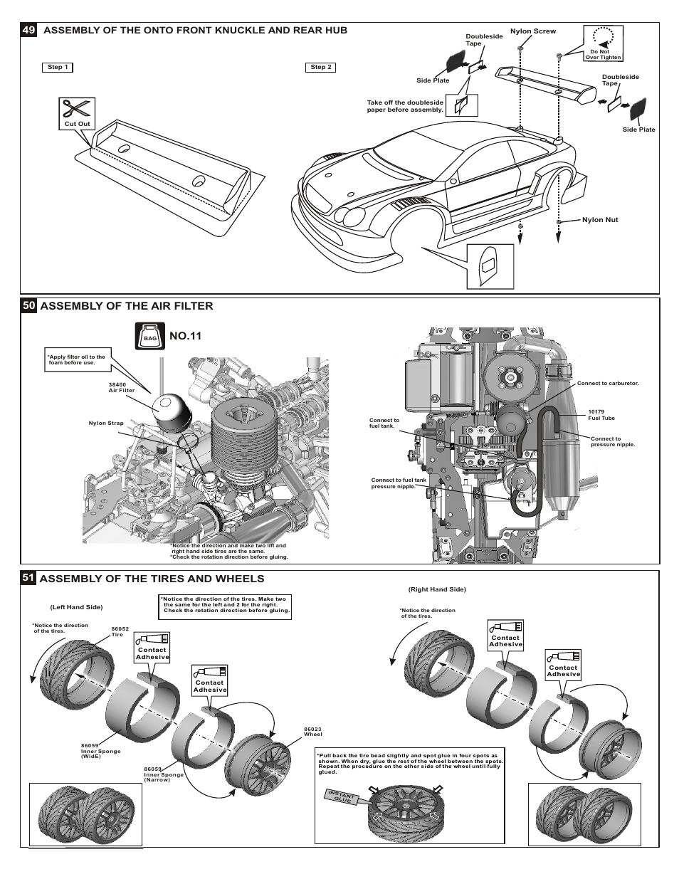 50 assembly of the air filter, No.11, 51 assembly of the tires and wheels | Assembly of the onto front knuckle and rear hub | OFNA Racing DM-1 Spec User Manual | Page 23 / 29