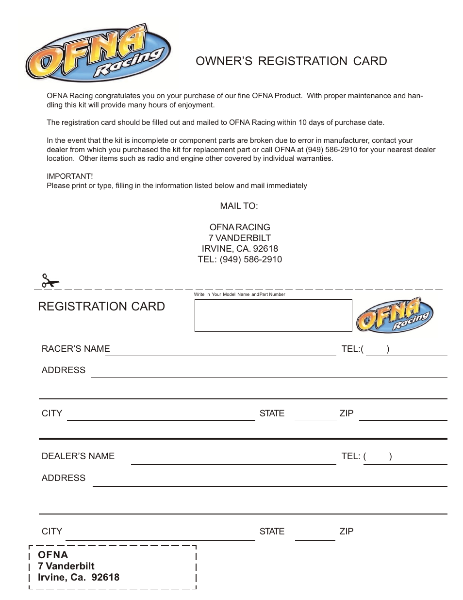 Owner’s registration card registration card | OFNA Racing DM-1 Spec User Manual | Page 29 / 29