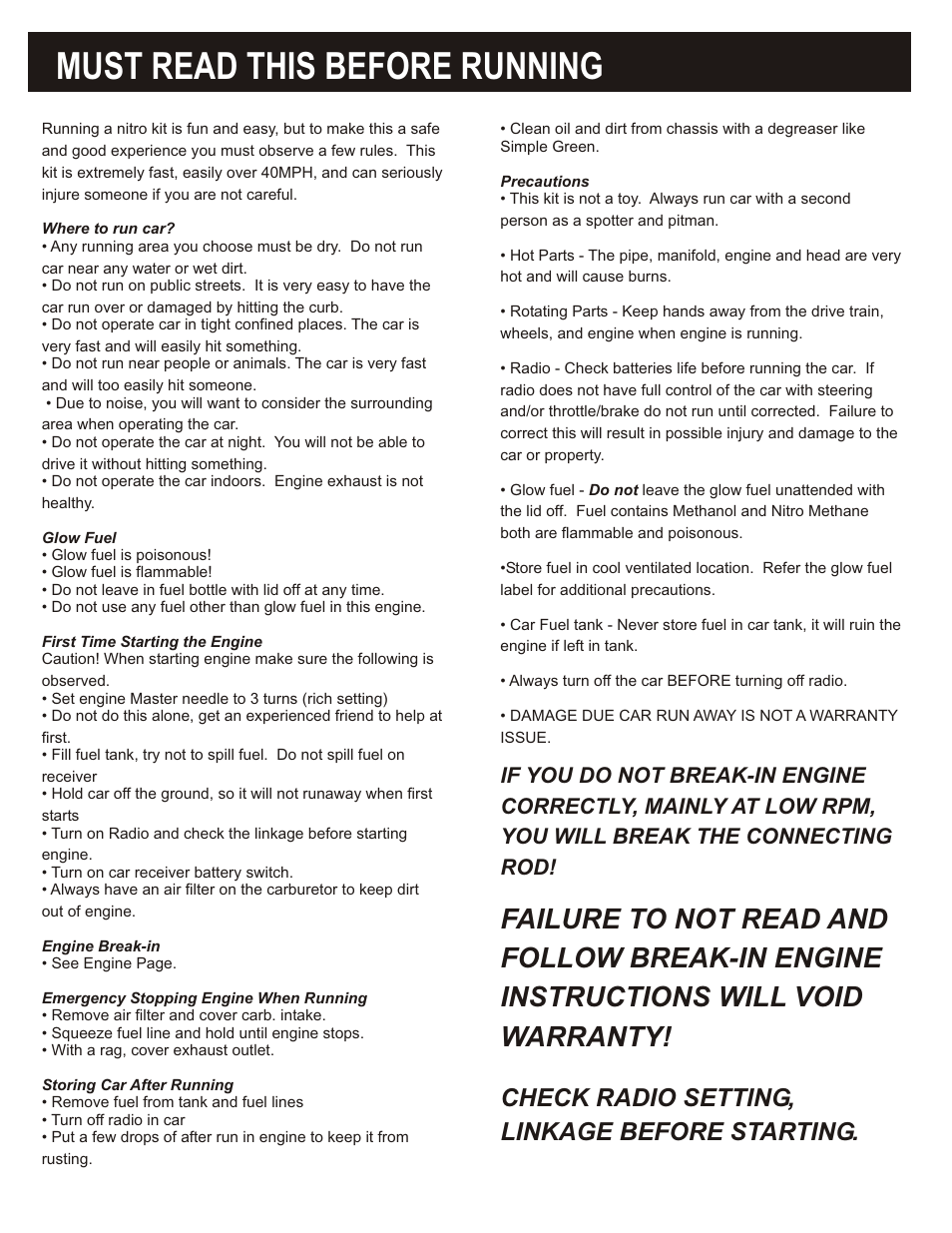 Must read this before running, Failure to not read and, Follow break-in engine | Instructions will void, Warranty, Check radio setting, Linkage before starting, If you do not break-in engine, Correctly, mainly at low rpm, You will break the connecting | OFNA Racing DM-1 Spec User Manual | Page 3 / 29