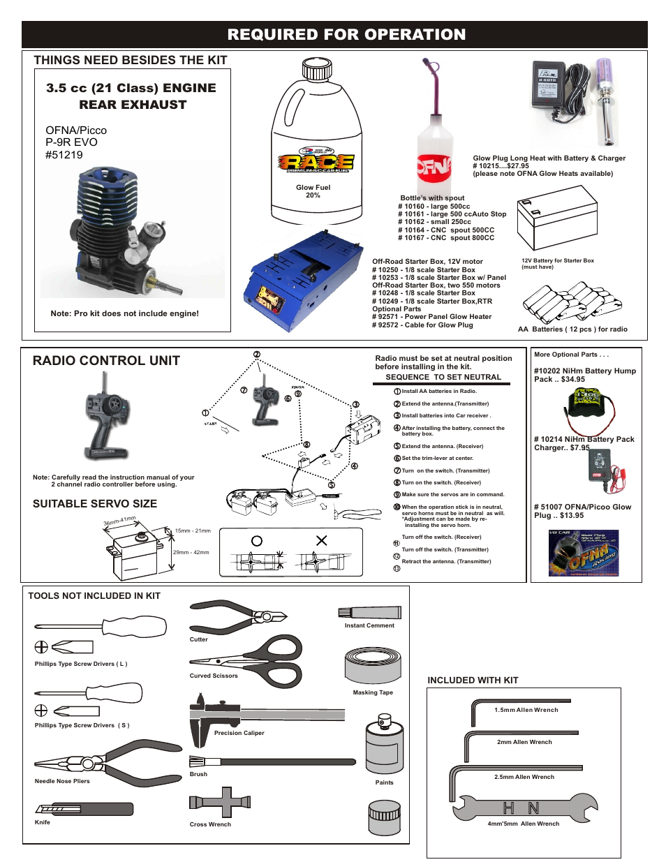 Required for operation, Radio control unit, Things need besides the kit | 5 cc (21 class) engine rear exhaust, Suitable servo size | OFNA Racing DM-1 Spec User Manual | Page 4 / 29