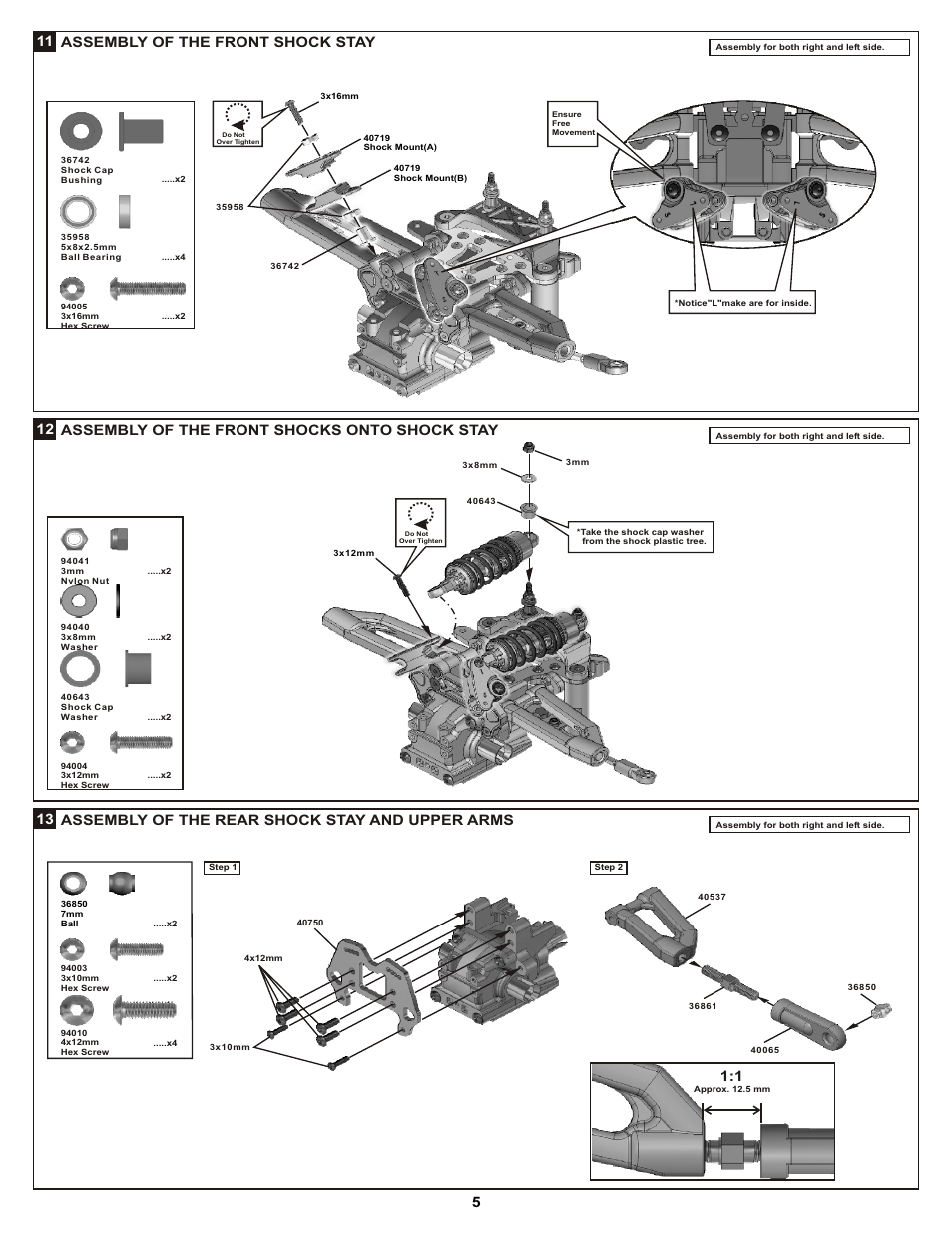 511 assembly of the front shock stay, Assembly of the front shocks onto shock stay 12, Assembly of the rear shock stay and upper arms 13 | OFNA Racing DM-1 Spec RTR User Manual | Page 11 / 33