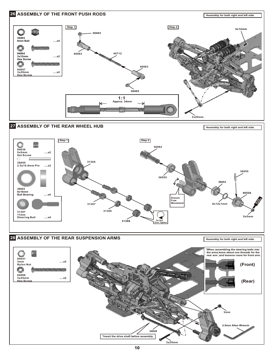 10 28 assembly of the rear suspension arms, Assembly of the rear wheel hub 27, 26 assembly of the front push rods | Front) (rear) | OFNA Racing DM-1 Spec RTR User Manual | Page 16 / 33