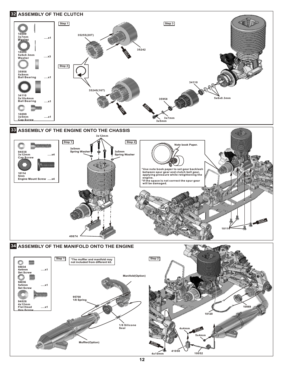 12 34 assembly of the manifold onto the engine, 33 assembly of the engine onto the chassis, 32 assembly of the clutch | OFNA Racing DM-1 Spec RTR User Manual | Page 18 / 33