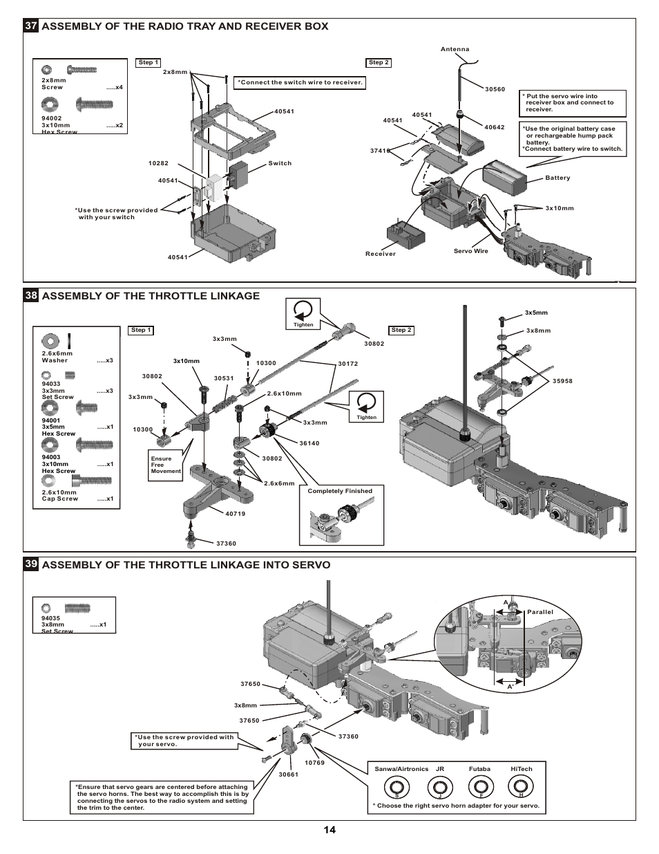 37 assembly of the radio tray and receiver box, Assembly of the throttle linkage 38, Assembly of the throttle linkage into servo 39 | OFNA Racing DM-1 Spec RTR User Manual | Page 20 / 33